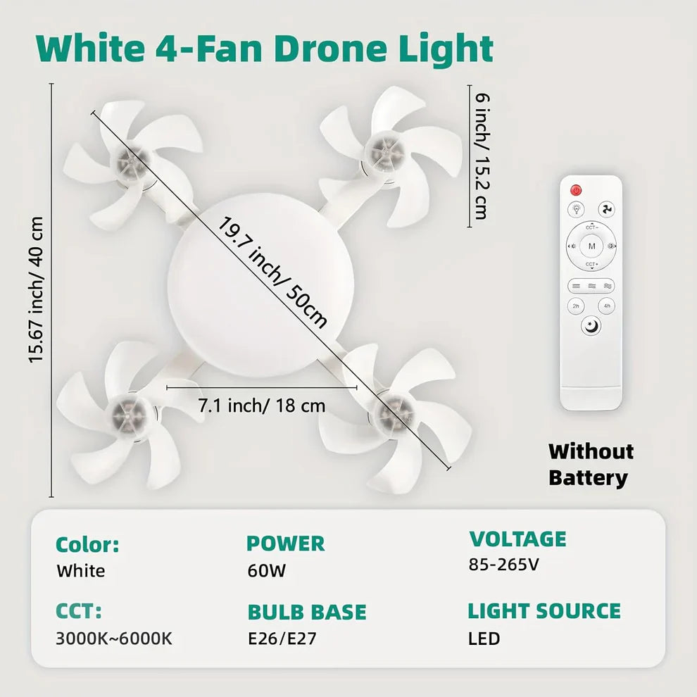 Socket Fan Light with Remote Control, E27 Screw-in, 3 Color Temperatures, 3 Wind Speeds, 4 Head