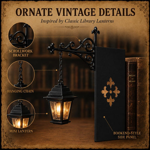 An ornate black metal wall lantern styled like a vintage library lantern, shown hanging beside a black bookend-style side panel with gold detailing. The image includes three circular callouts highlighting scrollwork bracket, hanging chain, and mini lantern details, with the text 'ORNATE VINTAGE DETAILS' and 'Inspired by Classic Library Lanterns' on a parchment-like background.