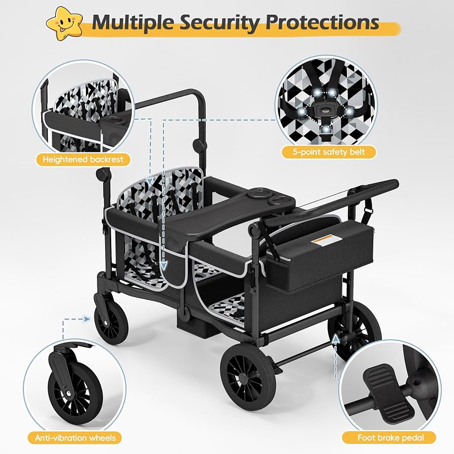4-Kid Collapsible Wagon Stroller with Safety Harness & Storage