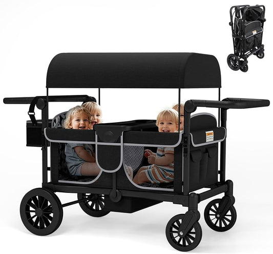 4-Kid Collapsible Wagon Stroller with Safety Harness & Storage