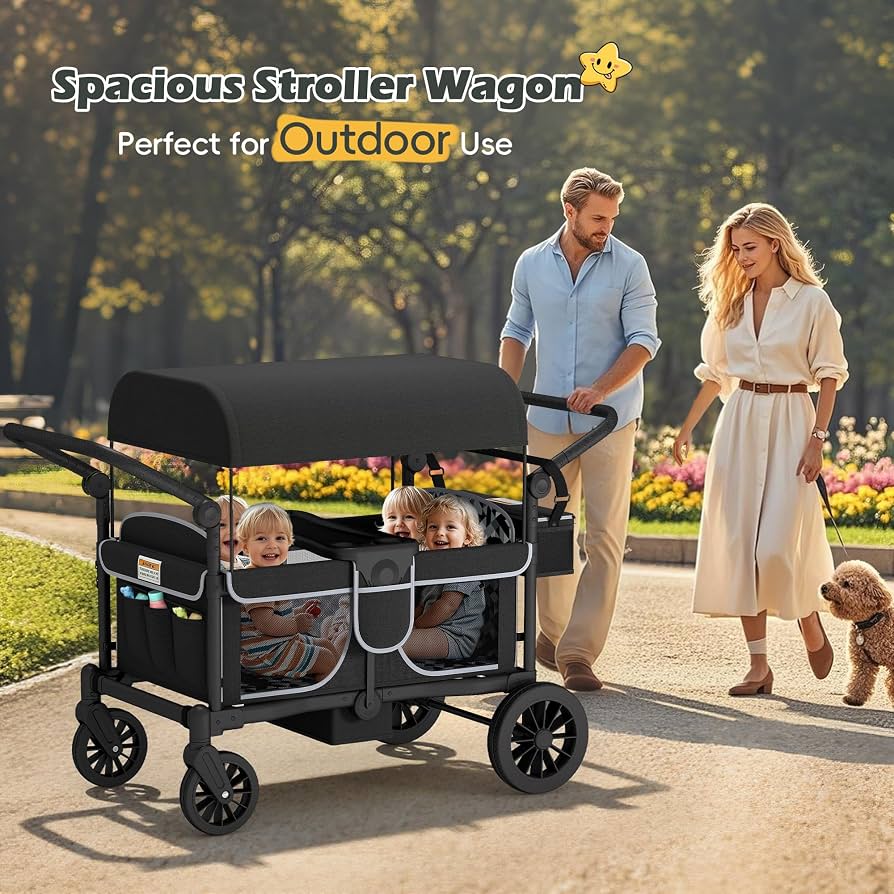 4-Kid Collapsible Wagon Stroller with Safety Harness & Storage