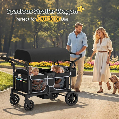 4-Kid Collapsible Wagon Stroller with Safety Harness & Storage