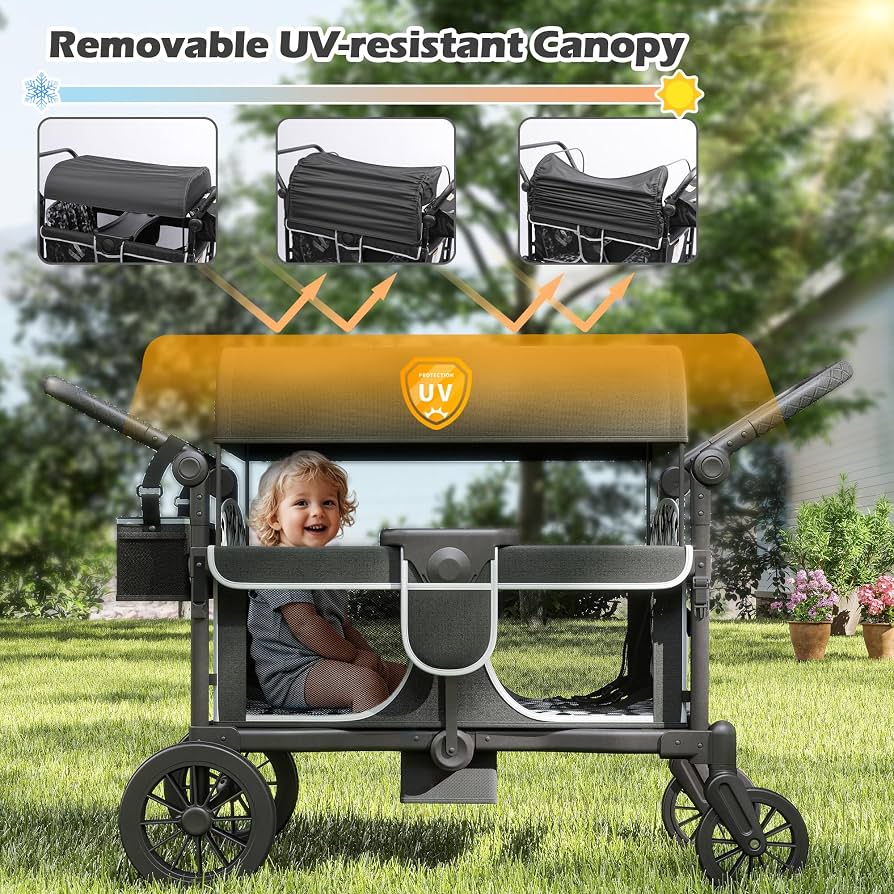 4-Kid Collapsible Wagon Stroller with Safety Harness & Storage