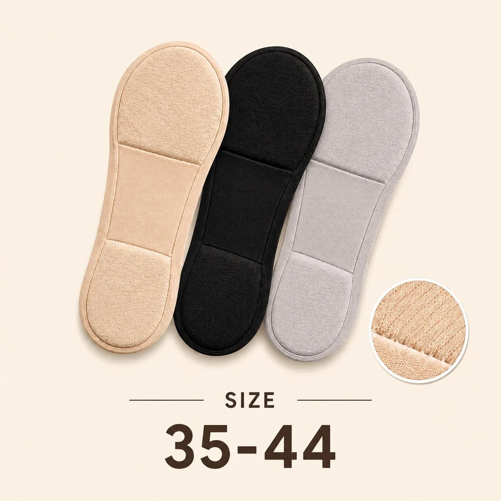 Three footbed inserts in beige, black, and light gray are displayed on a light cream background, with a circular close-up of the fabric texture and the text 'SIZE 35-44' below.